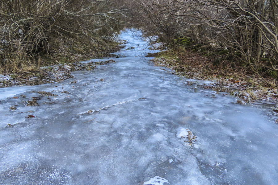 Las bajas temperaturas han propiciado heladas en la ruta de Valle del Lago, en el Parque Natural de Somiedo.
