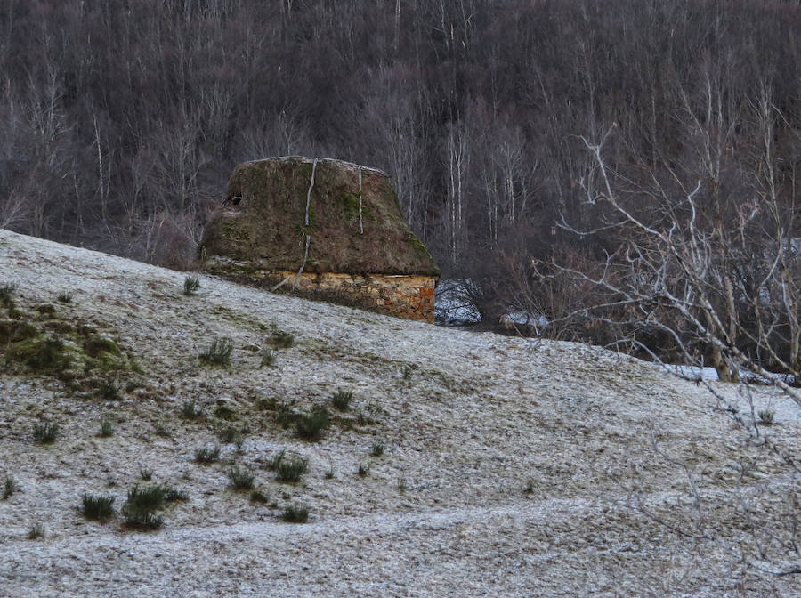 Las bajas temperaturas han propiciado heladas en la ruta de Valle del Lago, en el Parque Natural de Somiedo.