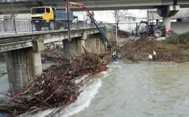 Técnicos de la Confederación Hidrográfica del Cantábrico acometen la limpieza del río Nalón a su paso por Tudela Veguín. / E. C.