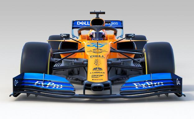 El nuevo monoplaza MCL34 de McLaren que pilotará Carlos Sainz Jr. en el mundial de F1 2019.