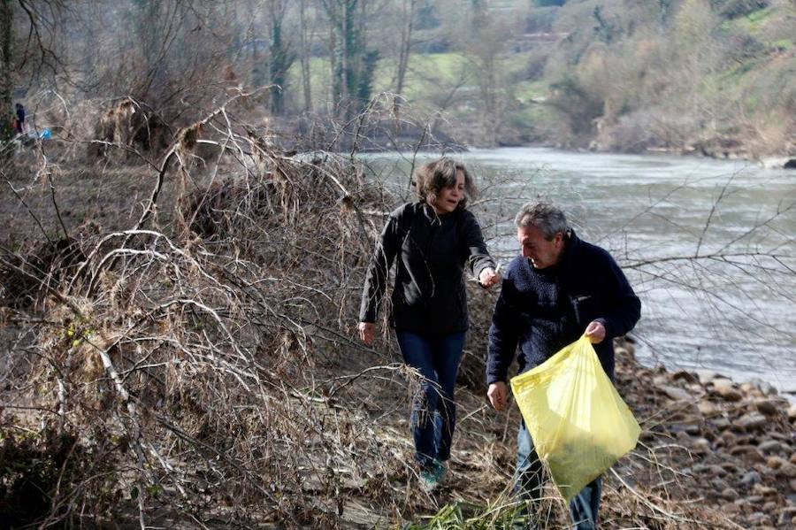 «El río Nalón te necesita». Es el lema que este domingo ha congregado a un grupo de voluntarios en Las Caldas para recoger los plásticos y enseres que contaminan el cauce y ensucian el entorno. 