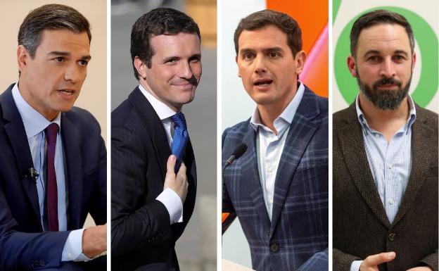 De izquierda a derecha: Pedro Sánchez, Pablo Casado, Albert Rivera y Santiago Abascal.