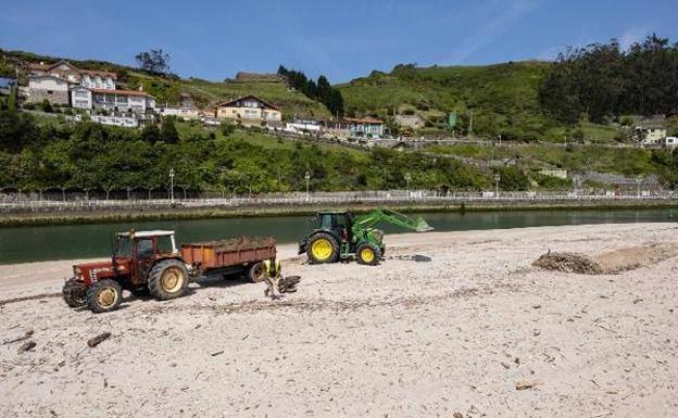 Dos tractores limpian la playa riosellana de Santa Marina. 