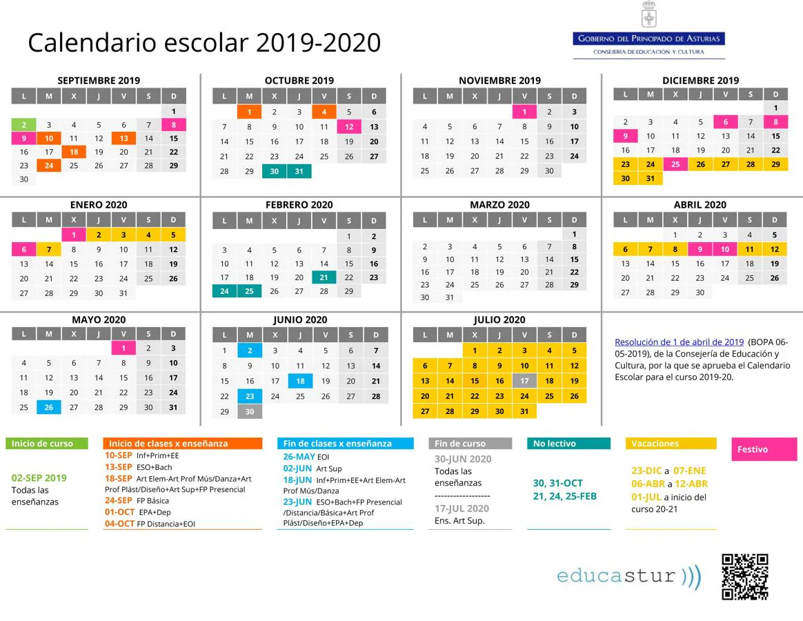Calendario escolar 2019 - 2020 en Asturias