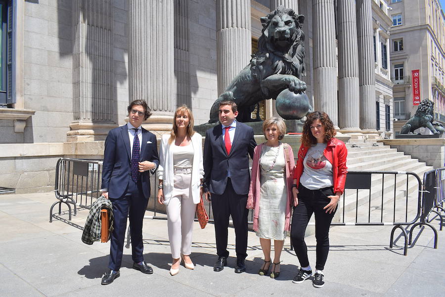 Los diputados asturianos María Luisa Carcedo y Roberto García Morís (PSOE), Sofía Castañón (Unidas Podemos), José María Figaredo (Vox), y la popular Paloma Gázquez, antes del inicio de la XIII Legislatura en el Congreso