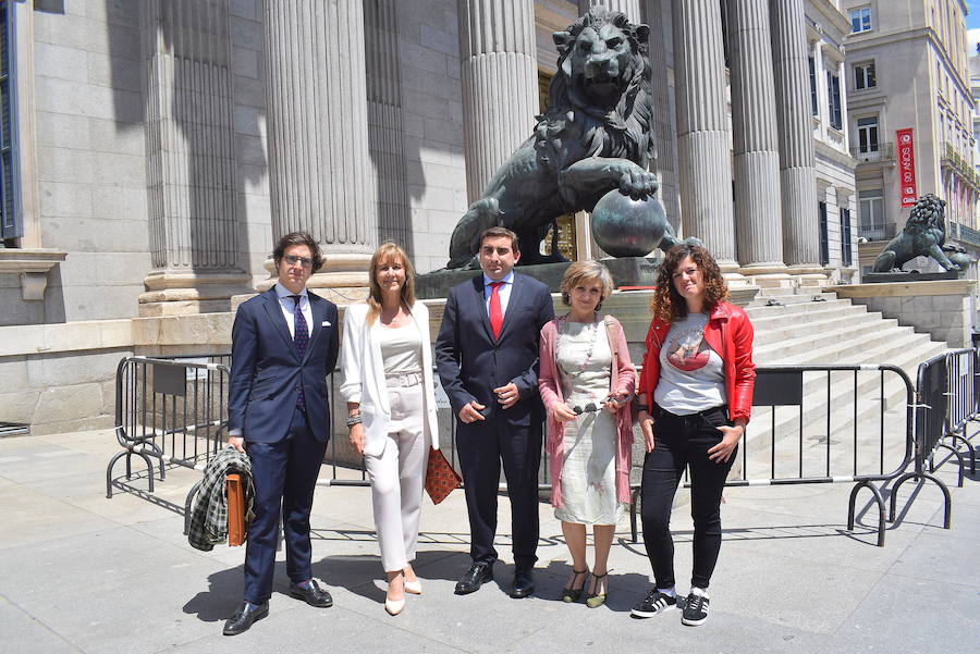 Los diputados asturianos María Luisa Carcedo y Roberto García Morís (PSOE), Sofía Castañón (Unidas Podemos), José María Figaredo (Vox), y la popular Paloma Gázquez, antes del inicio de la XIII Legislatura en el Congreso