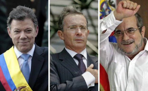 Juan Manuel Santos, Álvaro Uribe y Rodrigo Londoño, 'Timochenko'.
