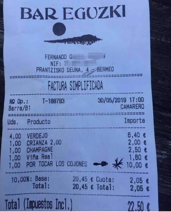 'Vinos y copas, 11 euros. Por tocar los cojones, 10 euros'