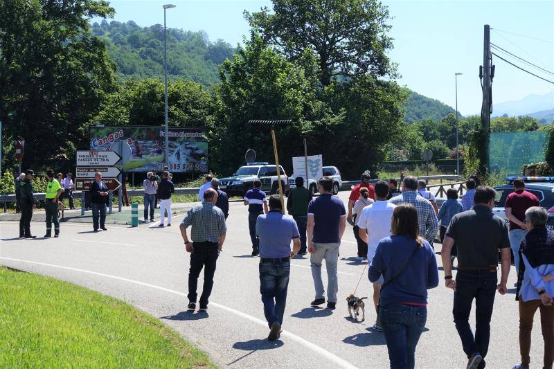 Vecinos de Ponga y Amieva y empresarios de la zona se concentran para exigir mayor agilidad en los trabajos ante la llegada del verano.