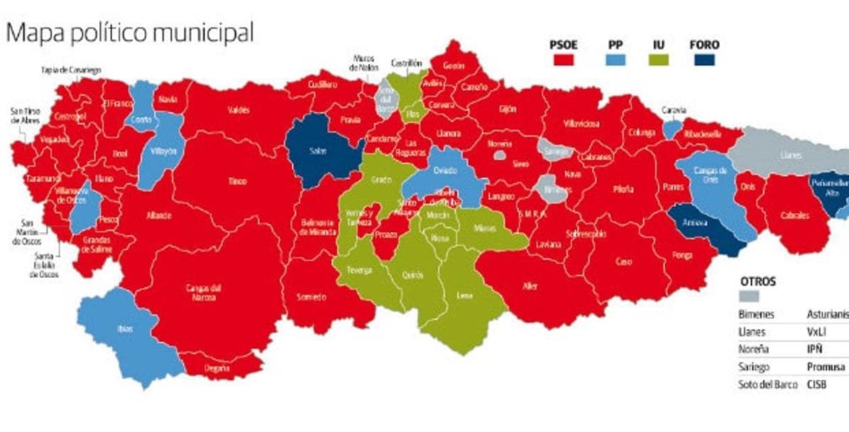 Mapa político municipal en Asturias.