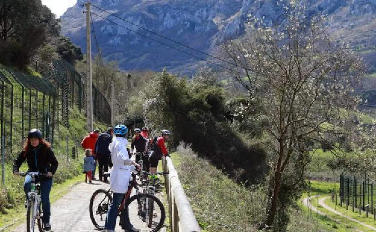 Ciclistas y senderistas en la Senda del Oso. 