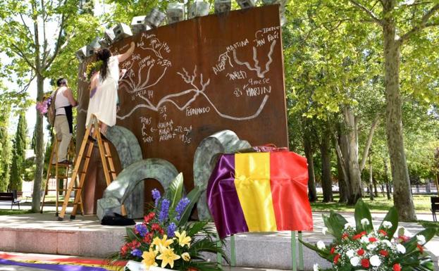 Mercedes Herrero, de la compañía Pez Luna Teatro, escribe el arbol genealógico de Catalina Muñoz.