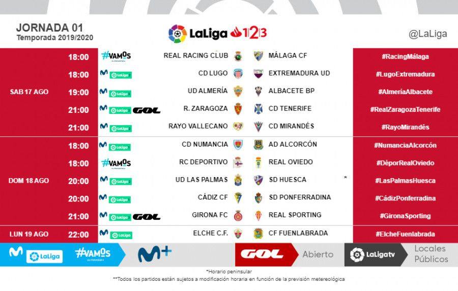 El Sporting debuta en Girona el domingo 18 de agosto a las 21 horas, para recibir una semana después en El Molinón al Rayo a las 18 horas.