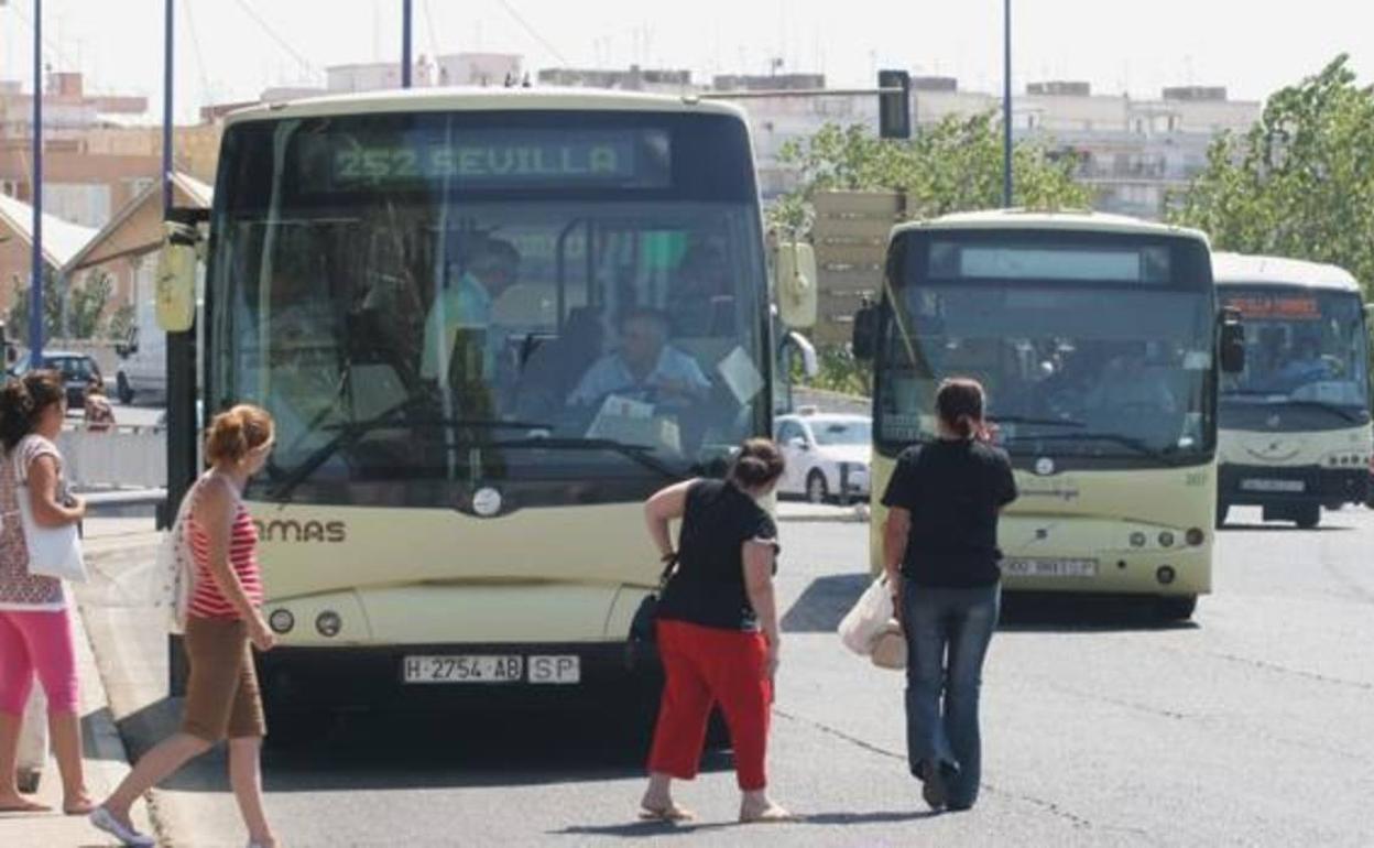 Autobuses en una calle de Sevilla. 