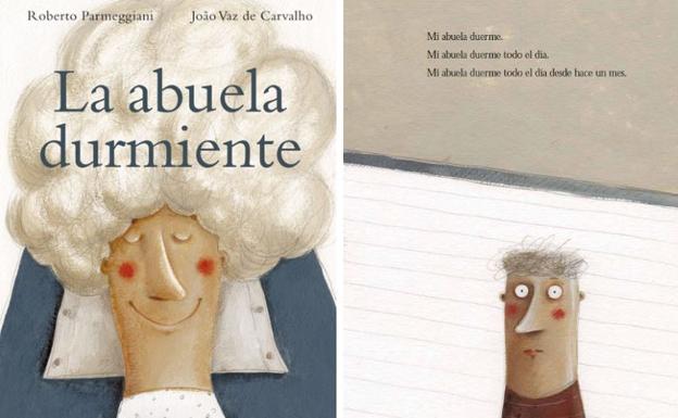 Imagen de la portada (i) y de una de las páginas interiores (d) del cuento 'La abuela durmiente'.