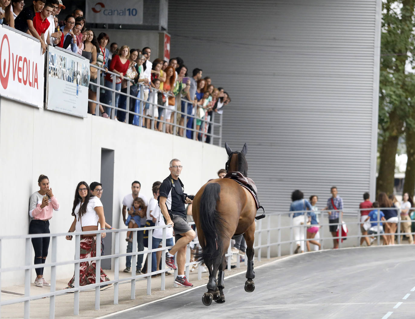 Tras acceder al recorrido de la segunda fase y después de afrontar el primer obstáculo, la amazona se descabalgó de su yegua y esta continuó el recorrido en solitario.