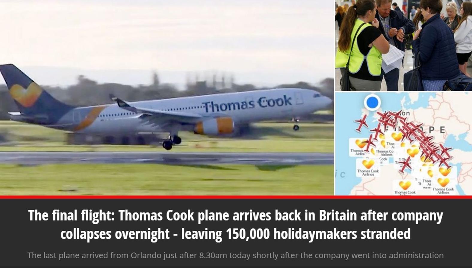 Para el diario Mirror este es el 'último vuelto' de Thomas Cook tras el colapso de la compañía británica. Los críticos apuntan que el personal de la empresa en quiebra han sido 'apuñalados por la espalda' tras desconocer la situación de las negociaciones y por informarles en el mismo momento del caos.