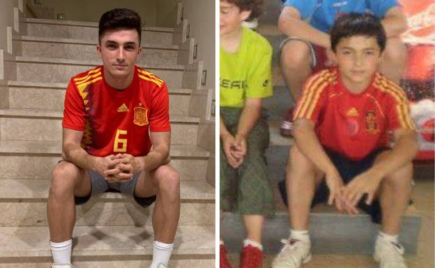 Manu García, con la camiseta de la Selección Española. A la derecha, en una foto de hace años en el colegio. 