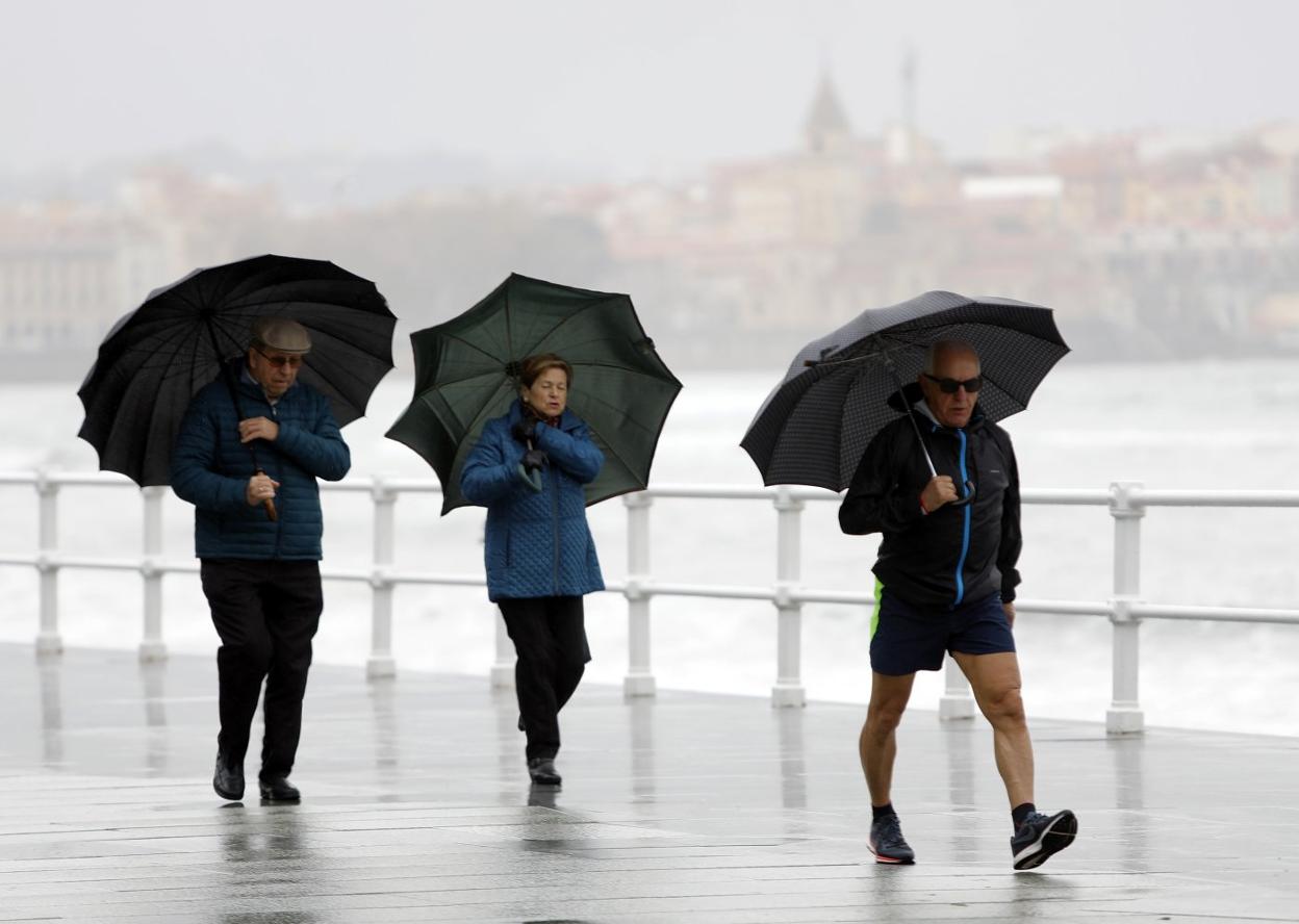 Los gijoneses no dudaron en salir a pasear por el Muro a pesar de la insistente lluvia. 