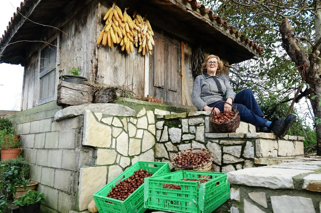 Hortensia González, con la cosecha de castañas en su hórreo de la localidad de Huexes 