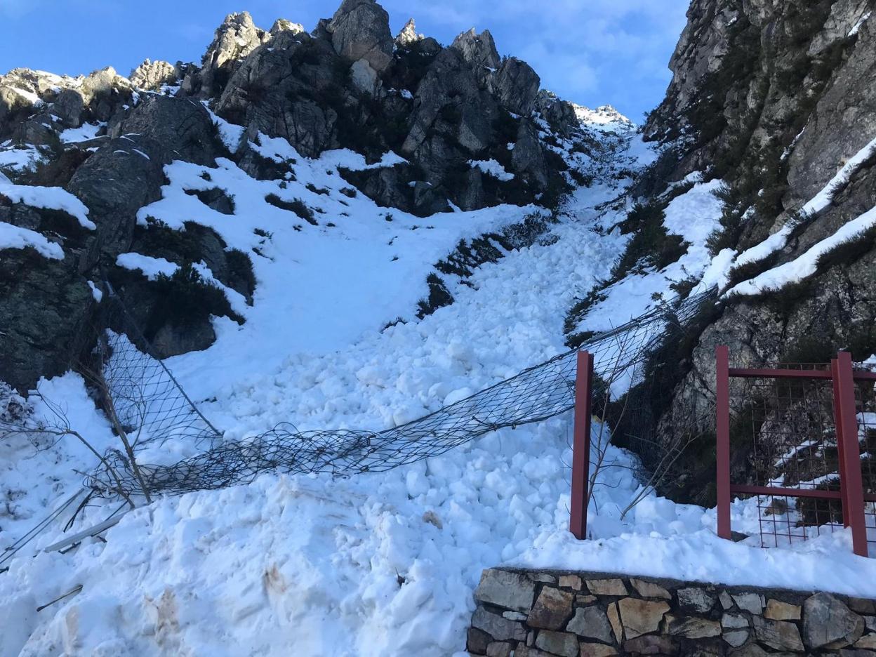 Una de las mallas que tiró el alud en la carretera de acceso al puerto de San Isidro. 