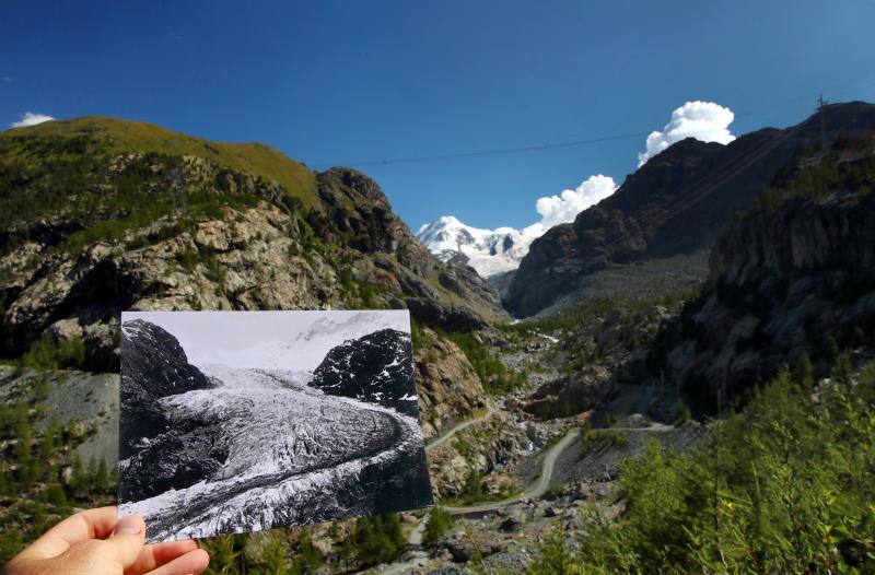 Una foto del glaciar Gorner tomada en 1863 en Zermatt, Suiza y publicada por la Biblioteca ETH de Zúrich, en comparación con la apariencia actual en una imagen tomada el 25 de agosto de 2019.