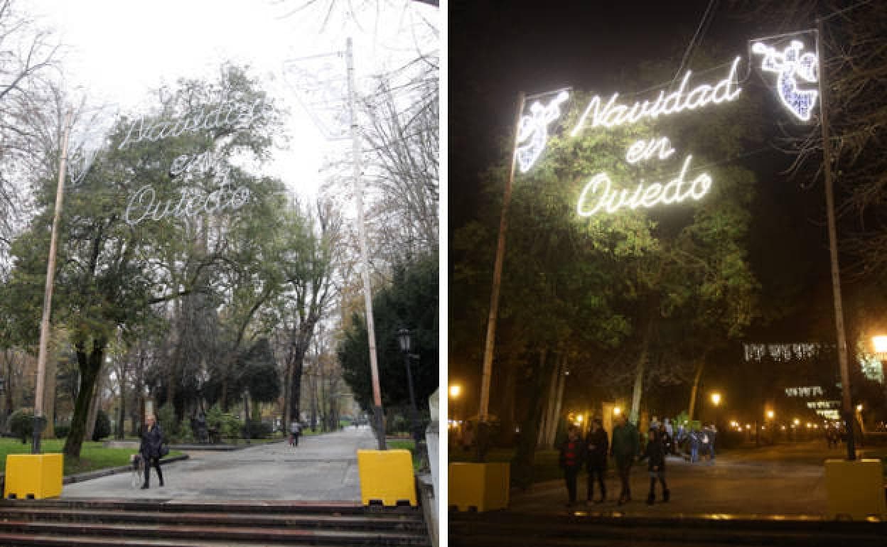 Oviedo, antes y después del encendido de las luces de Navidad