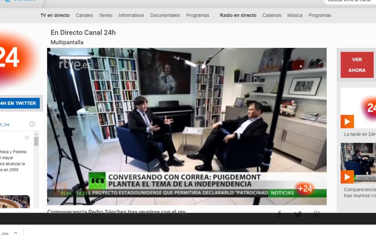 Imagen de la página web de Televisión Española, con la emisión en directo del canal ruso RT durante la entrevista a Puigdemont. 