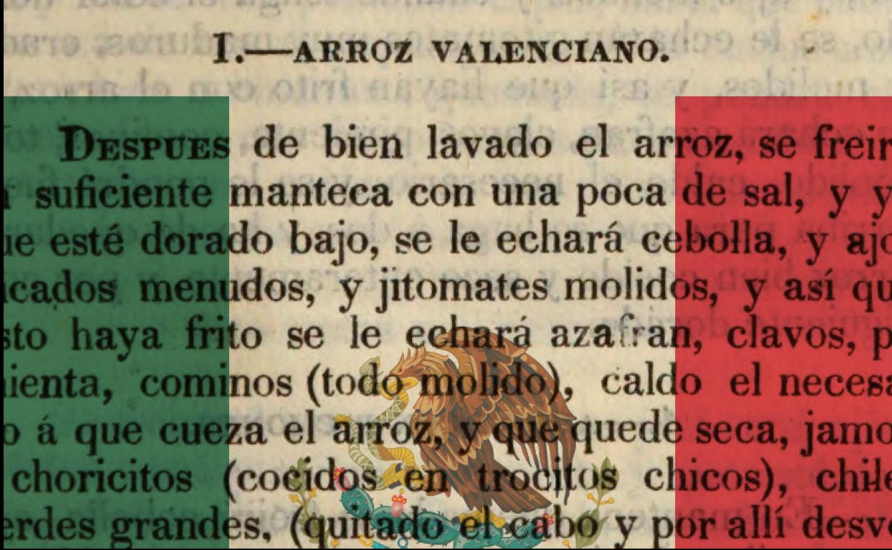 Receta del arroz valenciano (México, 1836) y bandera mexicana.