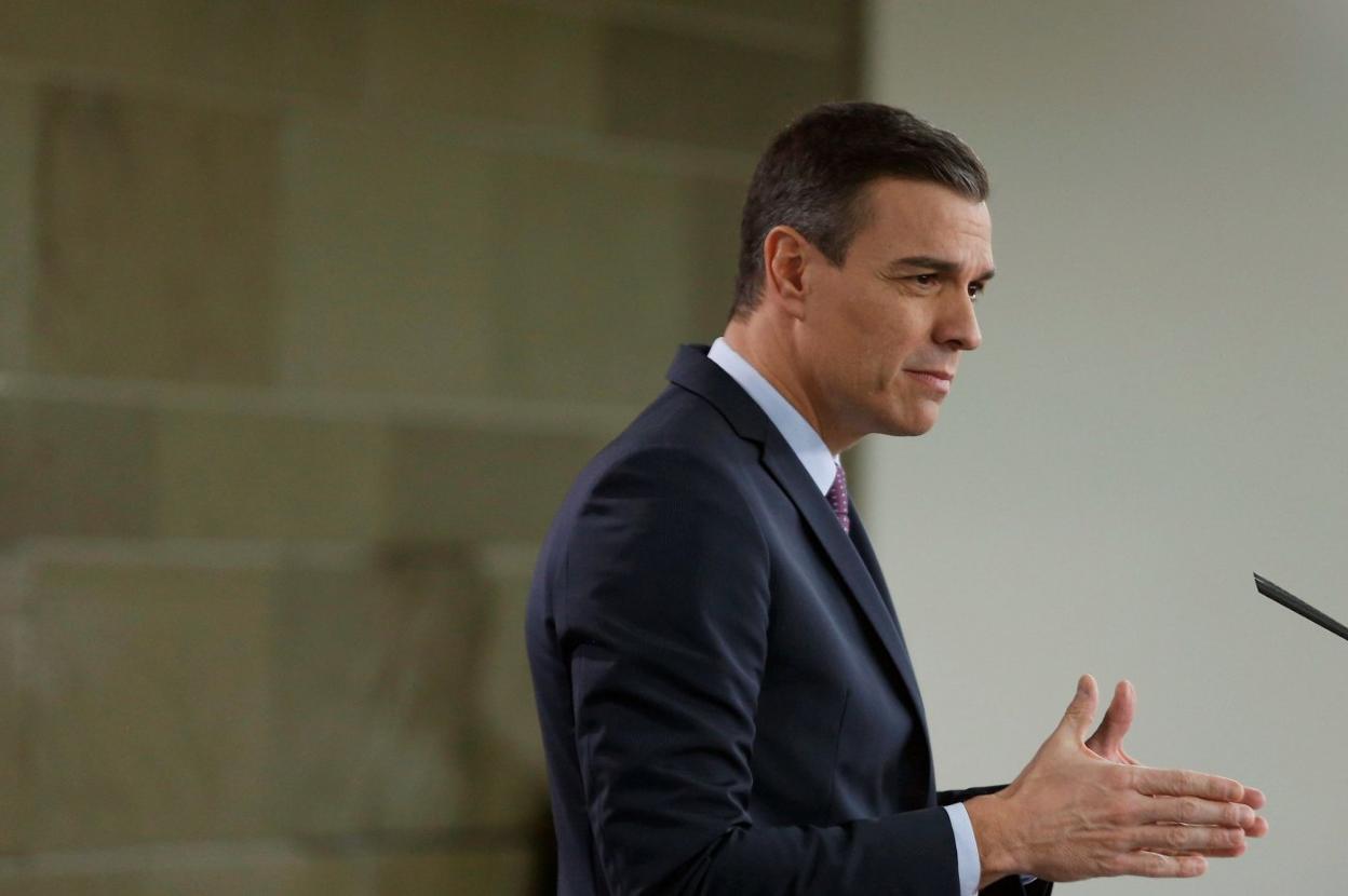 El presidente del Gobierno, Pedro Sánchez, en una de sus últimas comparecencias ante los periodistas. 