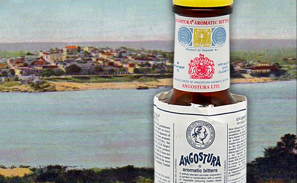 Antigua vista de Angostura (ahora Ciudad Bolívar) y botella de amargo de Angostura. 