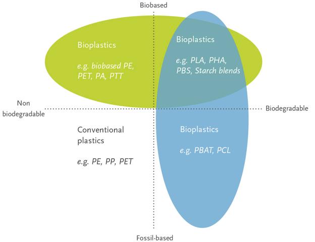 Gráfico que describe el origen de los bioplásticos. 