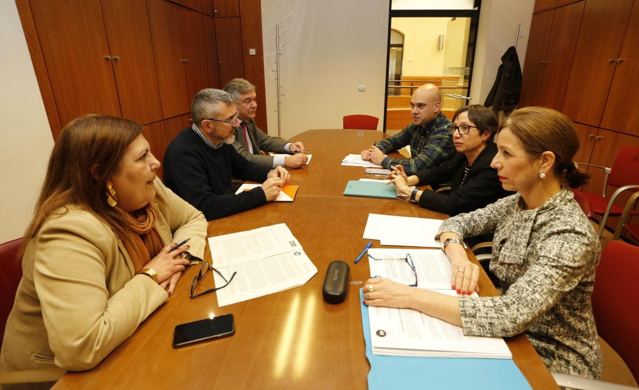 Marina Pineda (PSOE), José Carlos Fernández Sarasola (Cs), Eladio de la Concha (Vox), Jesús Martínez Salvador (Foro), Yolanda González Huergo (Podemos-Equo) y Ángeles Fernández-Ahúja (PP), reunidos ayer. 