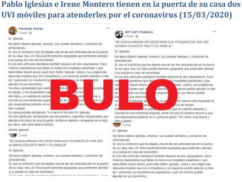 No, Pablo Iglesias e Irene Montero no tienen dos UVI móviles en la puerta de su casa. 