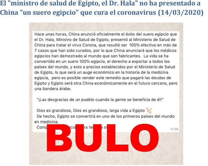El "ministro de Salu de Egipto" no ha presentado en China "un suero egipcio" que cura el coronavirus. 