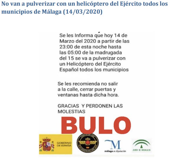 No van a pulverizar con un helicóptero del Ejército todos los municipios de Málaga. Es un bulo. 