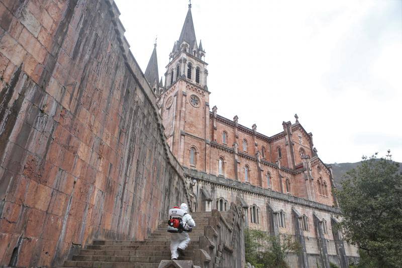 En la lucha contra el nuevo coronavirus no hay espacio que se libre de la lejía. Si en los últimos días se hizo habitual la imagen de personal enfundado en buzos de protección rociando con soluciones desinfectantes todo tipo de espacios, públicos y privados, ayer el escenario era el Santuario de Covadonga. Una estampa que pocos pudieron contemplar, pues el Real Sitio permanece prácticamente vacío, con la única excepción de los religiosos que allí residen y algunos trabajadores, desde la declaración del estado de alarma. Una estampa del todo inusual, más aún en esta época del año, que la presencia de un operario municipal pertrechado con un mono de protección, guantes, mascarilla y una mochila de fumigar hizo todavía más extraño.