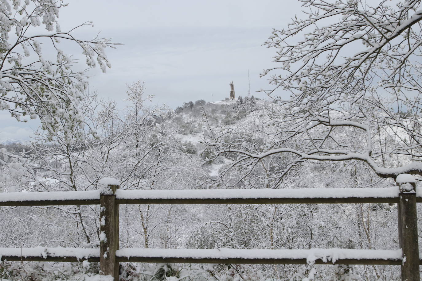 Un manto blanco ha cubierto las zonas altas de la capital asturiana y las cumbres que la rodean. Imágenes espectaculares en plena primavera desde El Cristo y El Naranco, con impresionantes vistas hacia el Aramo y la cordillera. 