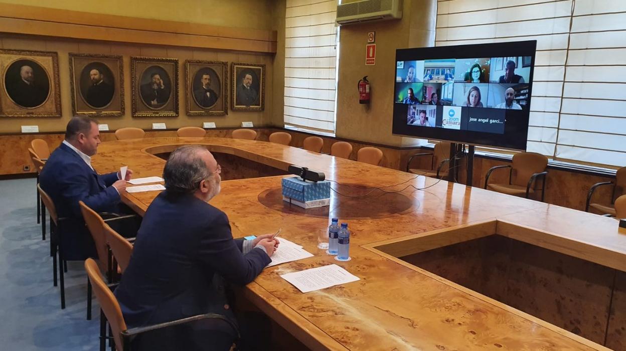 Carlos Paniceres y José Manuel Ferreira, presente y vicepresidente, de la Cámara de Comercio, ayer durante la reunión telemática del comité ejecutivo y el pleno de la institución. 