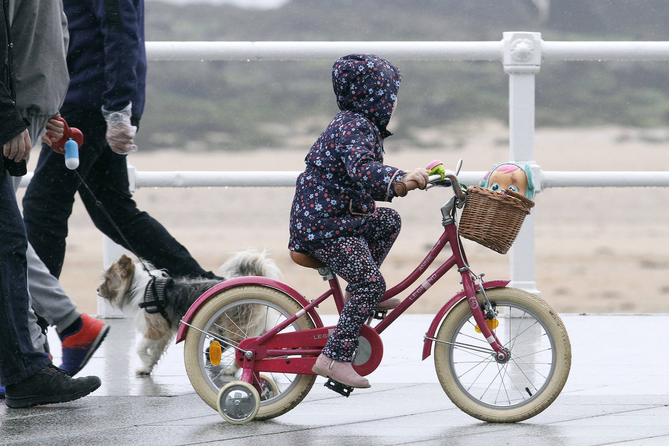 Primeros paseos bajo el orbayu en Gijón de los más pequeños