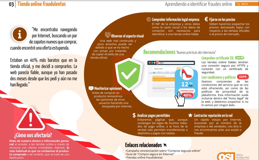 3. Tiendas online fraudulentas: los ciberdelincuentes crean páginas web a través de las que supuestamente venden productos con ofertas irresistibles. El problema es que habremos pagado por un producto que nunca llegará y si llega, será una falsificación. 