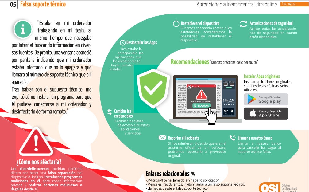 5. Falso soporte técnico: la ciberestafa comienza con una falsa reparación de un dispositivo o con la instalación de virus con el objetivo de robar información privada. 