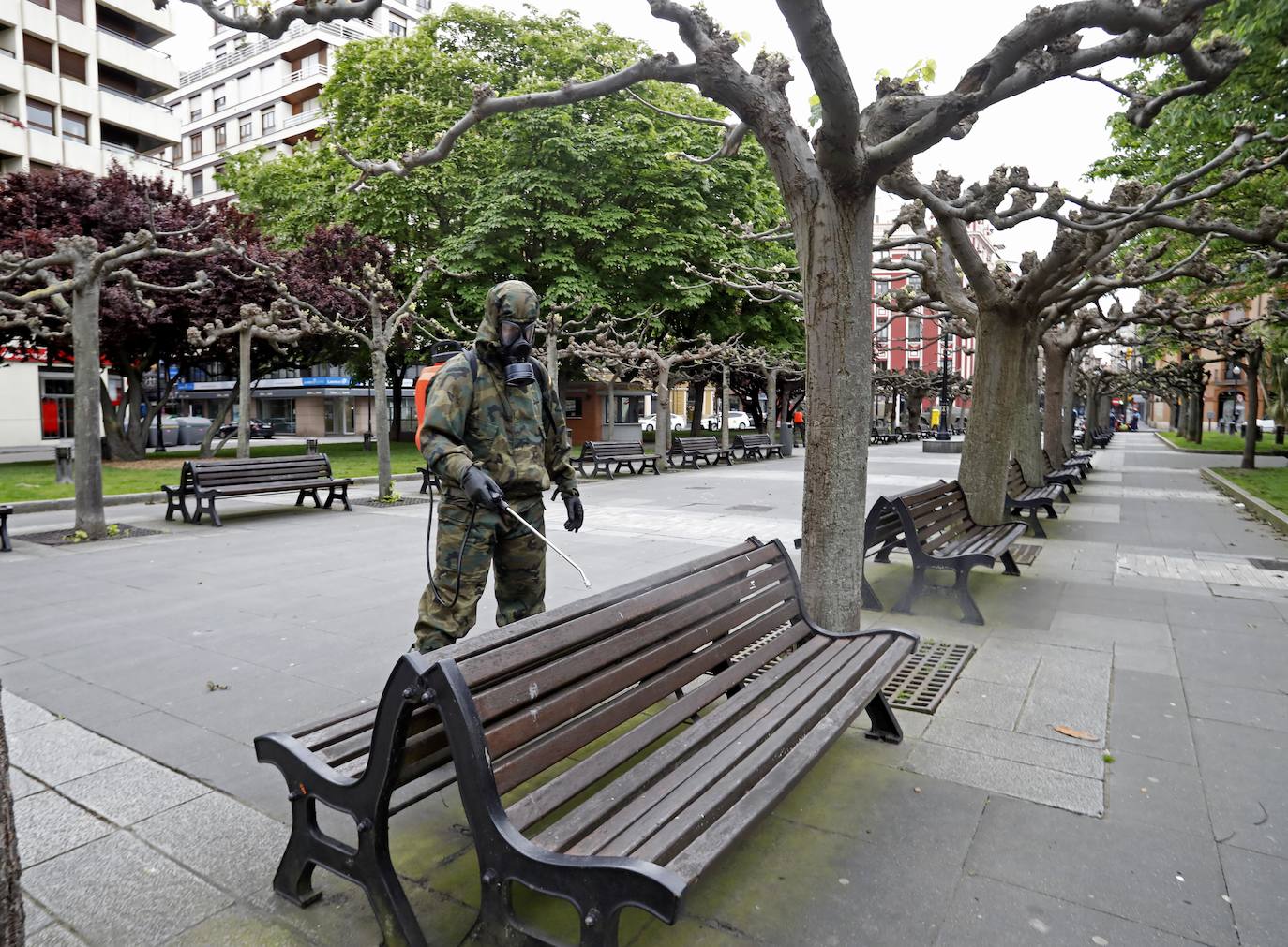 Desde que se decretó el estado de alarma en todo el territorio nacional por la pandemia del coronavirus, los militares han desarrollado labores de limpieza y desinfección alrededor de todo el Principado de Asturias. 