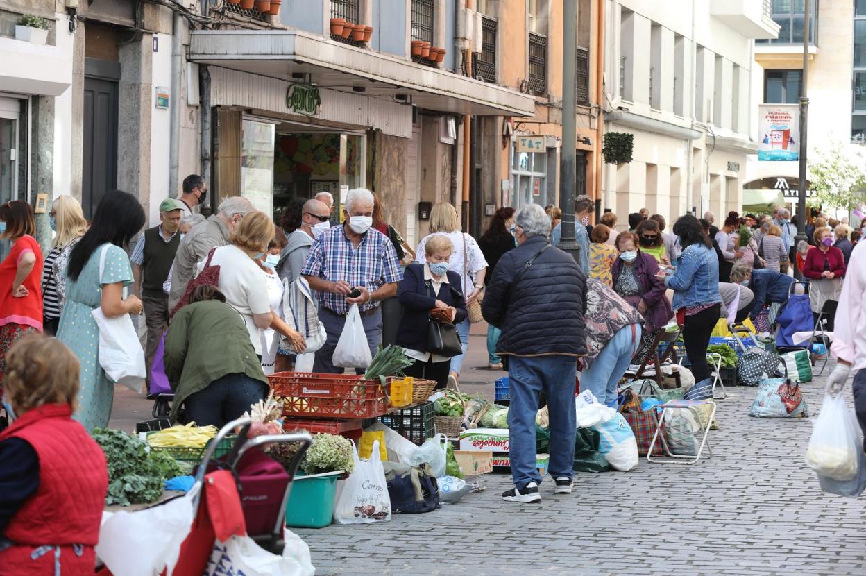 Puestos de venta de productos del campo ayer en la calle de Rui Pérez. 