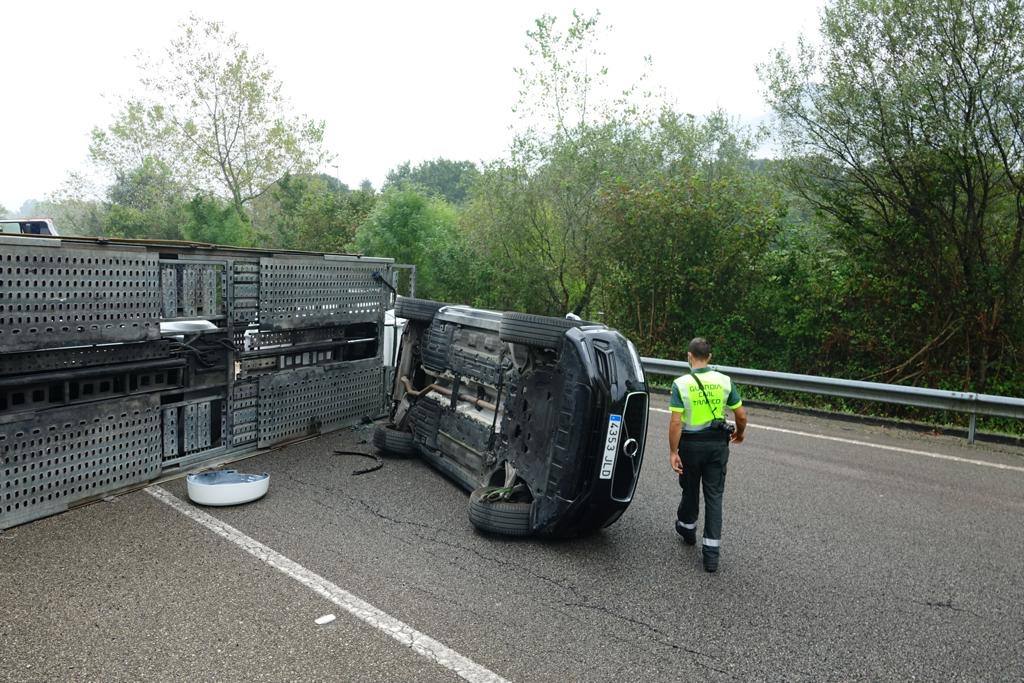 Los coches que transportaban, así como el propio camión, quedaron sobre la vía, ocupando ambos carriles.