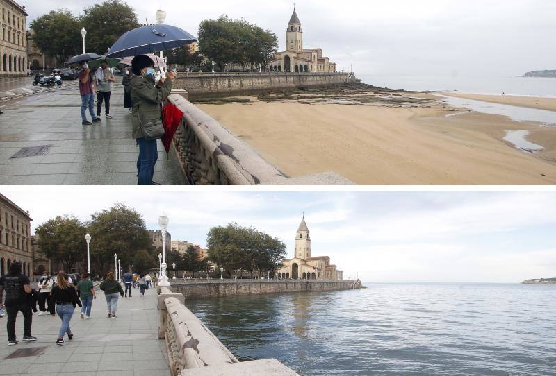 Las mareonas de septiembre dejaron singulares imágenes tanto en la playa de San Lorenzo como en el Muelle.