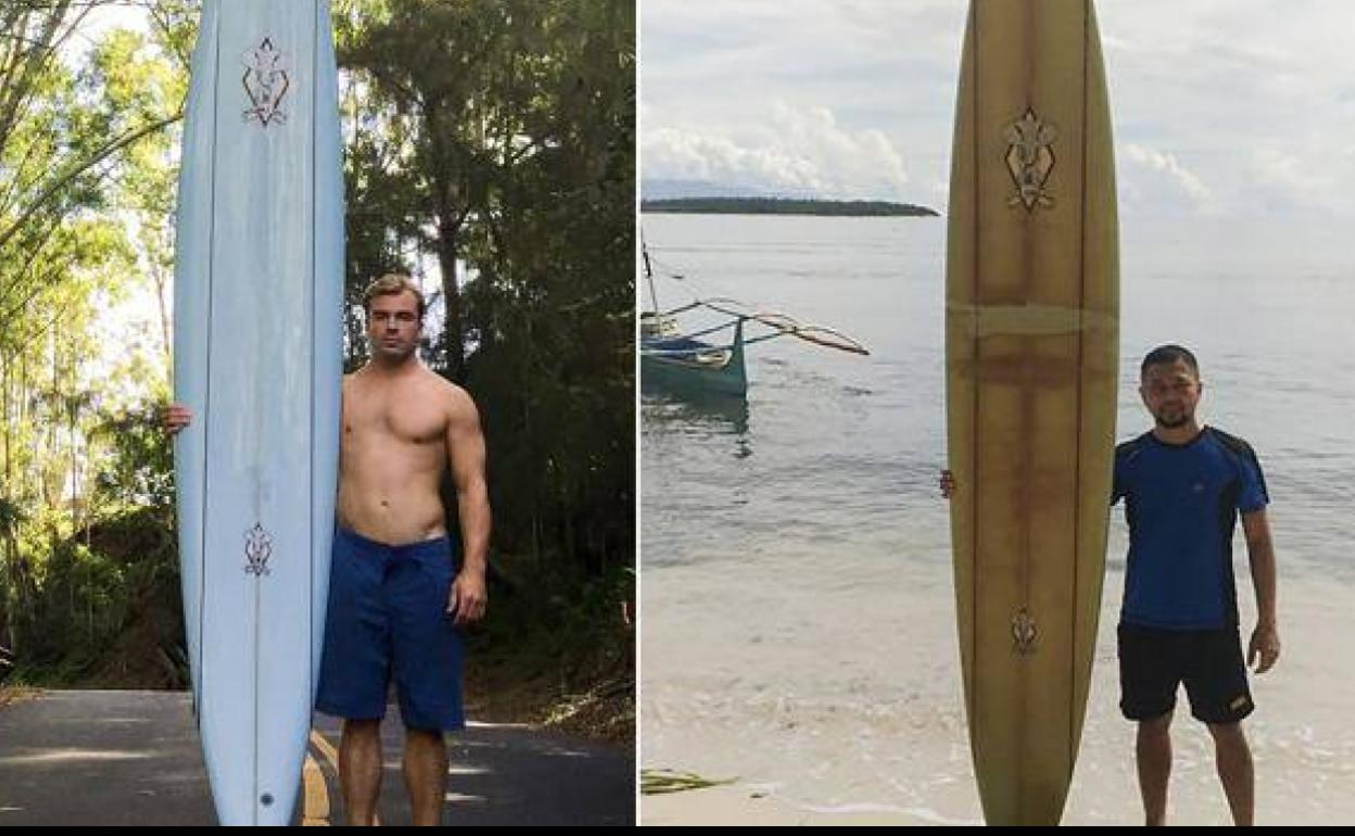 A la izquierda, una foto del surfista Doug Falter posando con su tabla de surf en Hawai en 2015, y a la derecha, una foto tomada en 2020 que muestra a Branzuela posando con la misma tabla de surf en la isla Sarangani en Filipinas