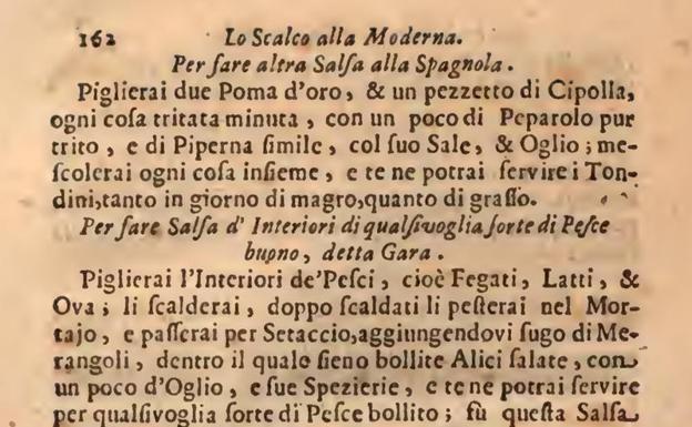 La otra salsa española (con tomate) de Antonio Latini, 1694.