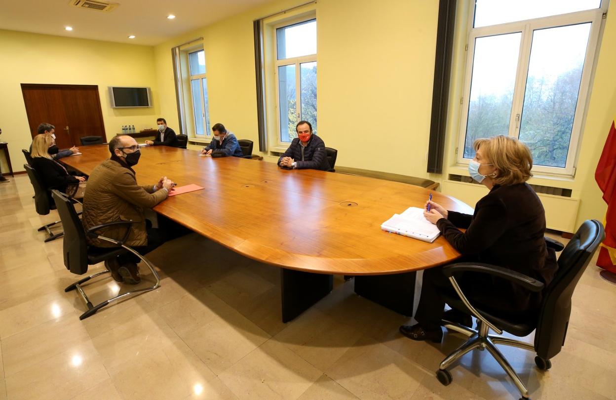 Damián Manzano y Jenaro Martínez, junto a delegados sindicales de las empresas del grupo Duro Felguera, reunidos ayer con la delegada del Gobierno en Asturias, Delia Losa. 