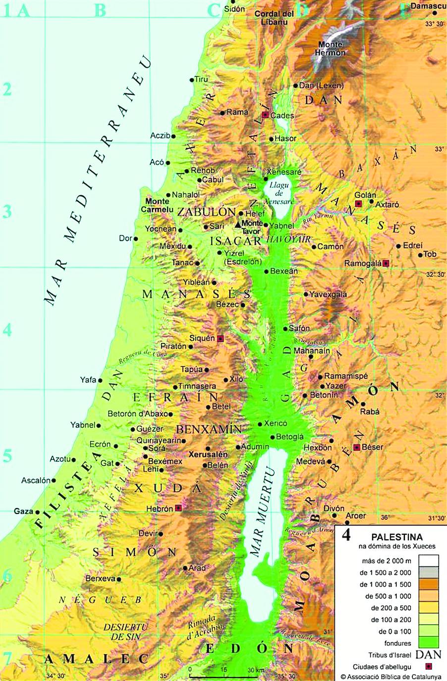 Mapa de Palestina cola toponimia asturianizada que se incluye na publicación. 